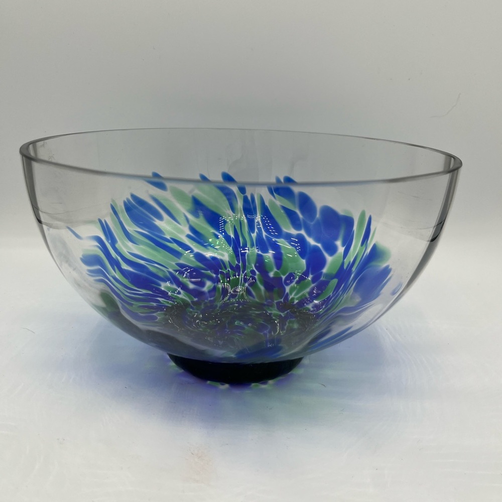 Fused Art Glass Bowl Cobalt Blue And Teal Green On Clear Glass  7.5" Excellent!